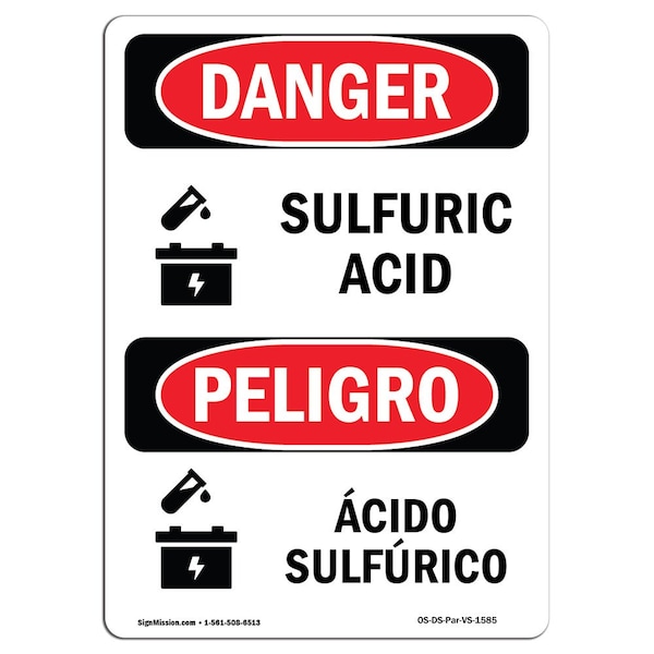 Safety Sign, OSHA Danger, 5" Height, Sulfuric Acid With Symbol Spanish, 10PK